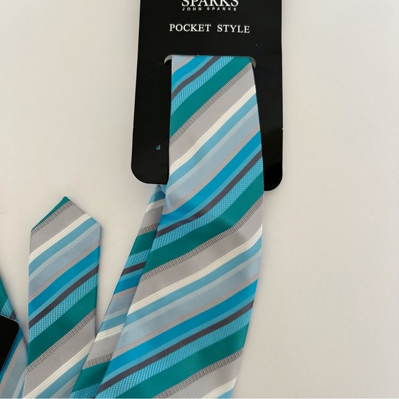 JOHN SPARKS MULTICOLORED STRIPED NECKTIE, POCKET SQUARE AND TIE CHAIN NWT - Picture 2 of 14